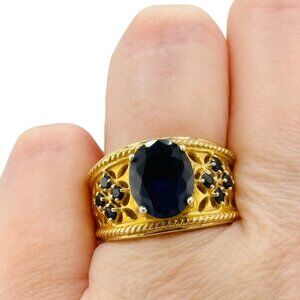 Gold Vermeil 925 Blue Sapphire Wide Band Ring Size 7 Signed PJM Statement